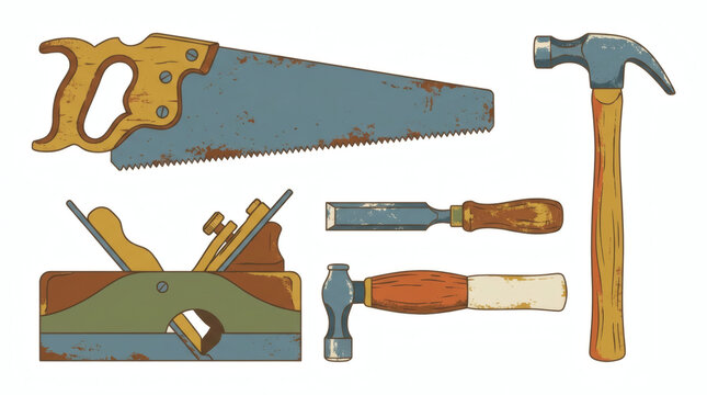 Rustic vector asset set of essential woodworking and carpentry tools for DIY projects and craft hobbies, featuring a saw, hammer, plane, and chisel illustrations - Powered by Adobe