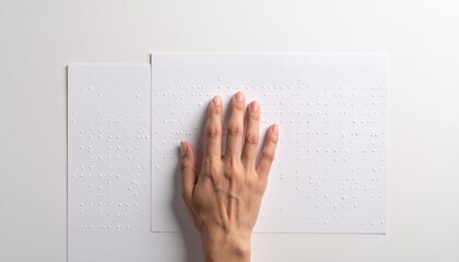 Hand reading braille. World Braille Day. Braille sheet on white background. Tactile writing system. Blindness accessibility. Educational material. Literacy tool. Visual impairment. Braille