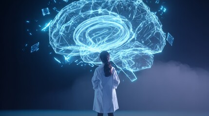 Scientist observing glowing digital brain hologram