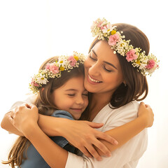 Loving Mother and Daughter Hugging with Flower Crowns