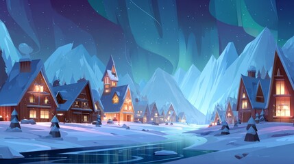 Cozy winter village under northern lights in snowy valley