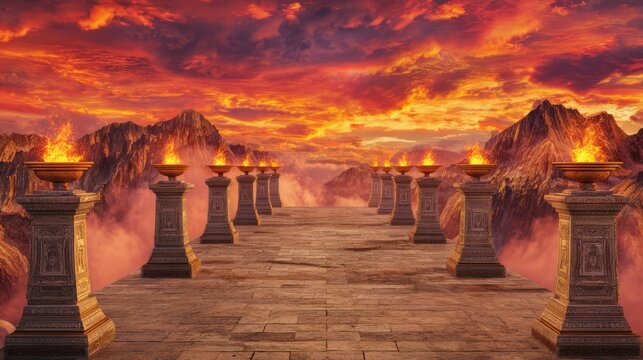 Fantasy stone bridge above clouds at fiery sunset