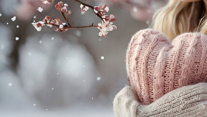 Woman hugging pink knitted heart in winter snow, romantic valentine concept, cold weather love, warm sweater, snowy background, handmade craft gift