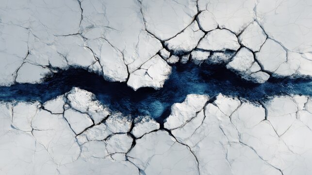 Aerial view of cracked Arctic ice with dark water