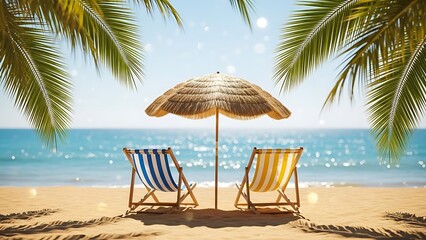 A serene tropical beach scene featuring two striped lounge chairs under a thatched umbrella, surrounded by palm trees and a clear blue ocean.