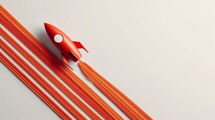 Minimalist concept of a red rocket ship blasting off with dynamic orange trails, symbolizing innovation, speed, and futuristic ambition