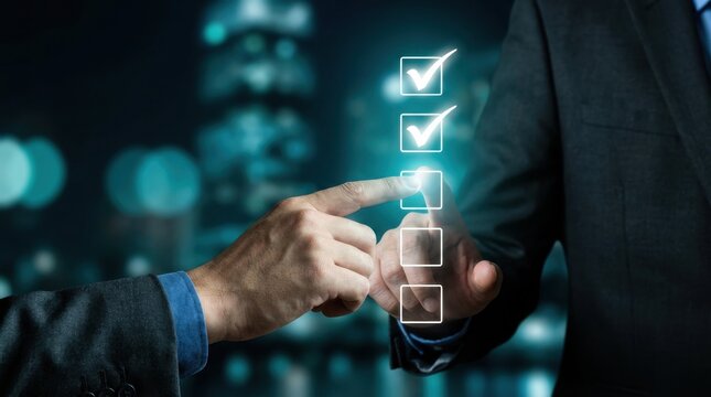 A hand interacts with glowing check marks and shapes in a dark setting with a person wearing a suit jacket visible