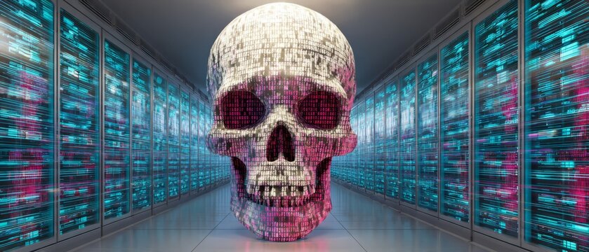 Glowing digital skull in futuristic server room - Powered by Adobe
