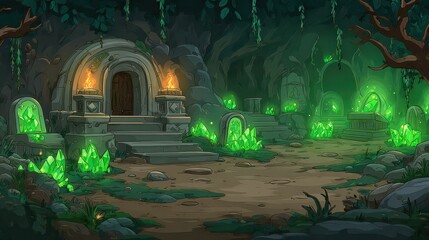 Pixel Art Mysterious Emerald Cave Entrance with Stone Steps Torchlight and Overhanging Vines in Lush Green Forest