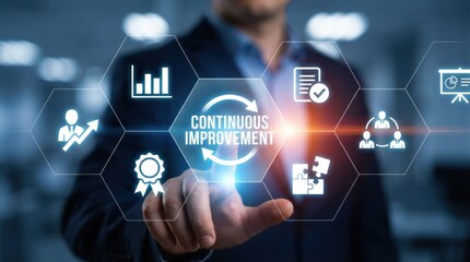 A person in a suit interacts with glowing digital icons  continuous improvement and a circular graphic interface with a bright light effect