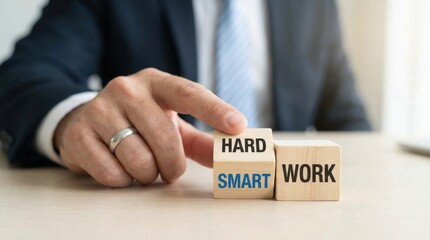 Obraz premium Hand placing wooden blocks with the words from hard to smart work on a table representing a motivational concept