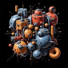 A detailed 3D illustration of a complex steampunk machine cluster, featuring interconnected pipes, spheres, gears, and mechanical elements, set against a dark background.