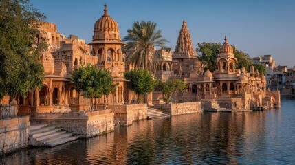 Scenic view of ancient stone structures along a serene lake during golden hour