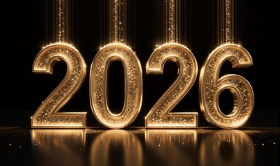 Golden "2026" numbers sparkle against dark background, glowing stars and light beams.