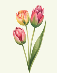 Fototapeta premium Blooming red tulips with long stems in natural watercolor painting.