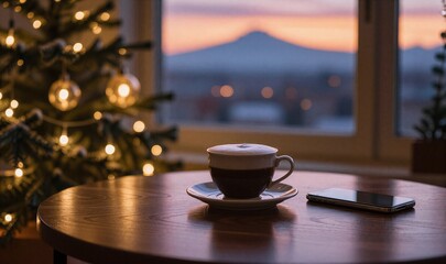Cozy coffee cup on wooden table beside phone, Christmas tree lights glow softly in background.