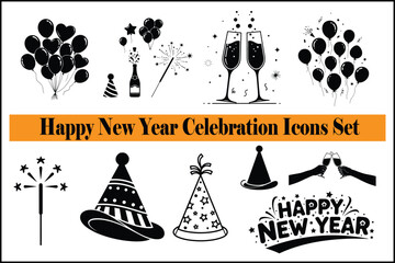 Happy New Year Celebration Icons Set &ndash; Party, Champagne, Fireworks & Balloons Black Vector