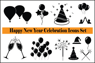 Happy New Year Celebration Icons Set &ndash; Party, Champagne, Fireworks & Balloons Black Vector