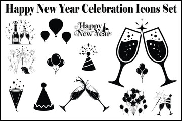 Happy New Year Celebration Icons Set &ndash; Party, Champagne, Fireworks & Balloons Black Vector