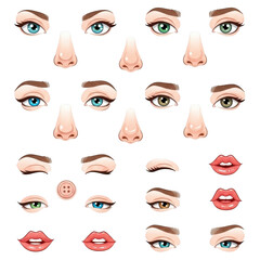 Collection of human eyes noses and lips isolated on transparent background