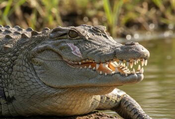 Fototapeta premium Fierce Alligator with Open Mouth Revealing Sharp Teeth in its Natural Habitat