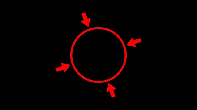 Minimalist red animation of four arrows pointing inward to a central circle on black background representing focus, unity, or core business concentration.
