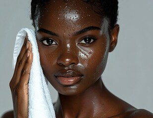 Sweaty African American Woman Wiping Face with Towel After Workout.