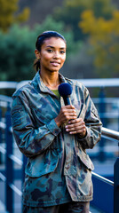 A woman in a camouflage jacket holding a microphone