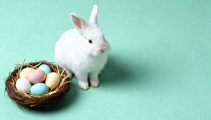 Cute white Easter bunny next to a nest with colorful pastel eggs. Happy Easter holiday background with ample copy space for text