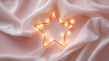 Obraz premium Aesthetic star-shaped light decoration on soft white fabric background for cozy ambiance, perfect for home decor or festive celebrations, minimalistic design