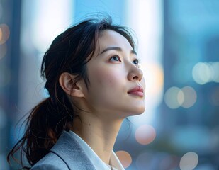 Young Asian businesswoman looking up with hope and determination.
