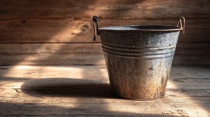 Fototapeta premium A weathered metal bucket stands on a rustic wooden surface, casting a long shadow with natural light beams. The aged look suggests years of use