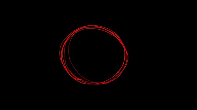 Minimalist hand-drawn red scribble circle animation on black background perfect for highlighting key content in educational videos tutorials and professional presentations.
