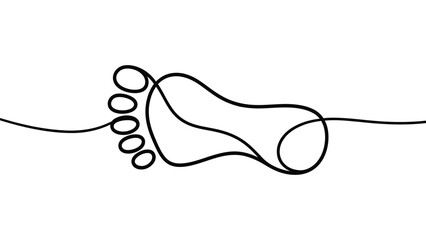 Obraz premium Continuous one line drawing of human foot sole with toes isolated on white background, minimal linear barefoot outline symbol for podiatry, health, anatomy and care concept 