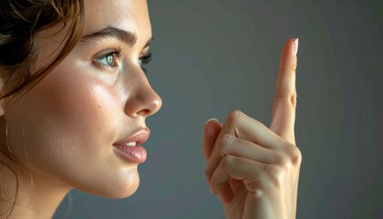 Young Woman with Focused Expression and Upraised Finger.