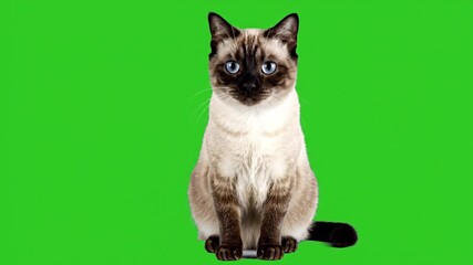 A beautiful Siamese cat with piercing blue eyes sits calmly against a vibrant green screen background, chroma key