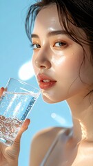 Young woman with glowing skin drinking water, close-up portrait with natural light.