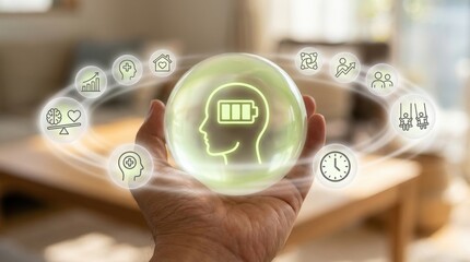 A glowing green orb with symbols hovers above hands over a wooden table in a brightly lit room with windows in the background