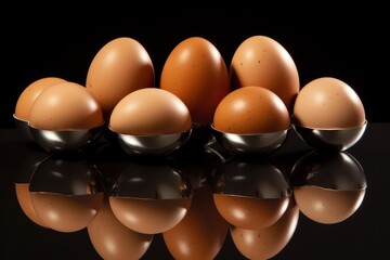 Brown eggs resting in silver egg cups showing reflective illusion against a black background