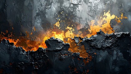 Abstract artwork showcasing contrasting textures rough, dark surface with fiery orange and gold bursts in the center