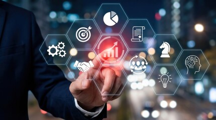 A person in a suit interacts with glowing digital icons and symbols floating in front of them in a dark environment