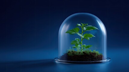 Young Green Plant Under Glass Dome with Dark Blue Background Highlighting Nature and Growth in a Controlled Environment for Environmental Themes