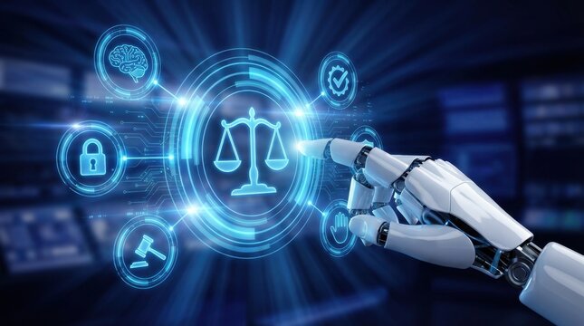 Artificial hand interacts with glowing digital icons including a scale and a padlock in a dark environment - Powered by Adobe