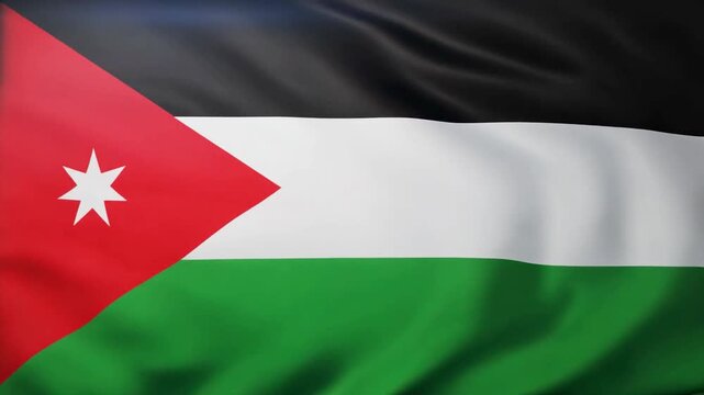 High-quality 3D animation of the Flag of Jordan with realistic fabric texture and seven-pointed star, seamless loop.