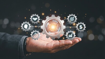 Hand presenting a radiant gear surrounded by linked icons suggesting technology and connection in a dark setting