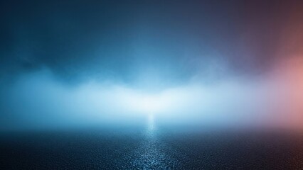 Mysterious foggy landscape with bright light beam