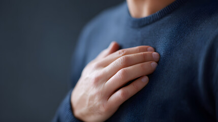 Deep Contemplation: A person, captured in a close-up, gently places a hand over their heart, portraying a moment of introspection and inner peace, conveying a sense of serenity.