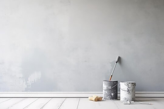 Two paint cans and a roller standing against a partially painted gray wall