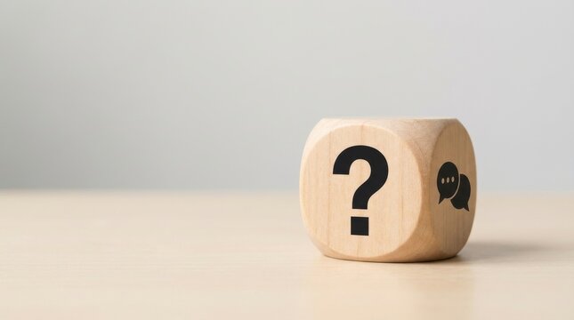 A wooden cube shows a question mark and other symbols on its faces sitting on a surface in front of a light gray background