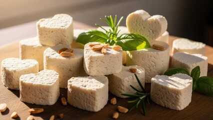 Cheese lover day food Heart-shaped artisanal tofu or vegan cheese pieces with herbs and nuts on wooden surface | Cheese, lover, day, food, festival.